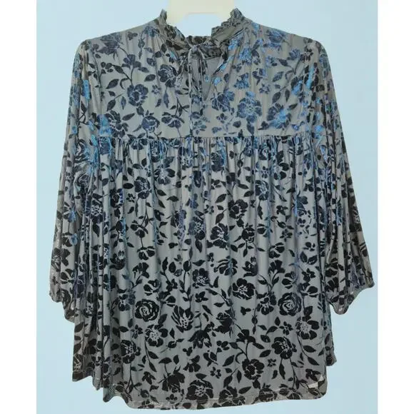 Laurie Felt Womans Top Sz L Dark Blue Burnout Velvet Fairy Whimsigoth Romantic - Picture 2 of 9